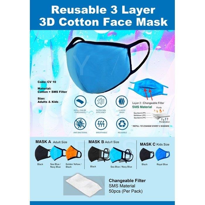 CV 19 Reusable 3 layer 3D Cotton Face Mask